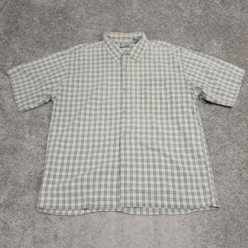 Plugg Mens XL Short Sleeve Plaid Button Down Shirt Grey Yellow 100% Cotton